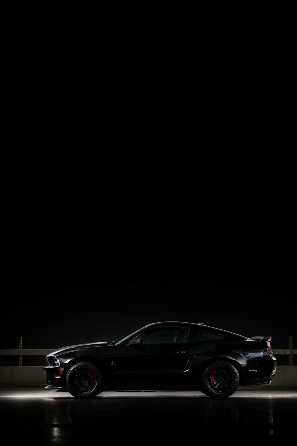 (Best quality, High resolution, Ultra-detailed: 1.2), High dynamic range (HDR), Realistic image, 2013 Mustang GT S197, Black on black, Tinted windows, Sleek and stylish, Shiny finish, Detailed automotive design, Blacked-out accents, Muscular body lines, Black interior, Leather seats, Modern dashboard, Tilted angle, Low ground clearance, Emphasis on muscles, Blacked-out rims, Tires on the asphalt, Reflections on the body, Realistic lighting, Studio quality, Enhanced specs, Glossy and matte textures, Sh
