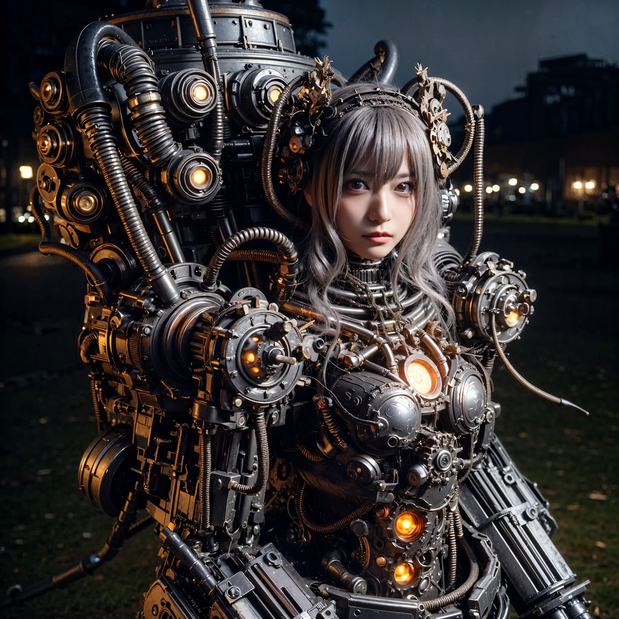 Masterpiece, (ultimate quality:1.2), 8k, Japanese woman in hedgehog-type powered suit, silver base with green and red accents, very beautiful face, mechanical, (mechanical bat wings), hydraulic cylinder, power pipe, ultimately intricate details, full body shot, (ultimate photo Realistic:1.37), Park with a beautiful view at night, (Steampunk: 1.2), (biopunk), Full body photo, Wide-angle shot, Please generate at least 4 photos.