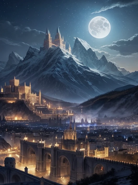 At night, white city of Gondolin with its fortifications, hidden by mountains, an image of epic fantasy, illuminated by the light of the moon.