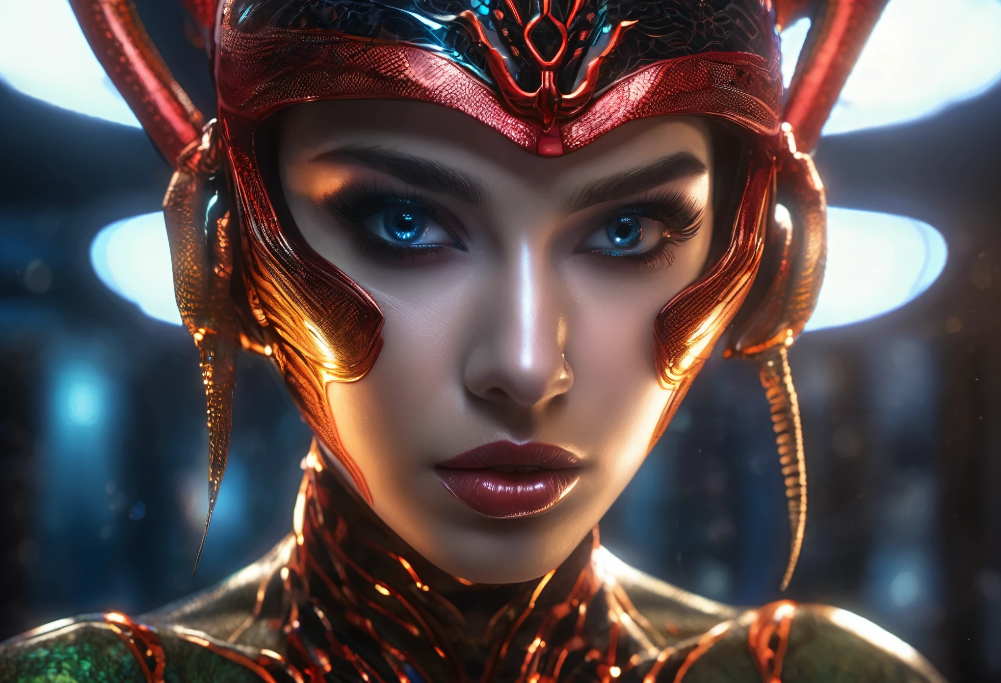 a beautiful, buxom alien woman with red skin, black eyes, wearing a sexy metallic clothing tape, has a scorpion tail and scorpion features, standing in a bedroom, looking around, with a UFO outside the window, (best quality,4k,8k,highres,masterpiece:1.2),ultra-detailed,(realistic,photorealistic,photo-realistic:1.37),detailed eyes,detailed lips,extremely detailed face,longeyelashes,mystical,science fiction,dramatic lighting,cinematic,vibrant colors,HDR,UHD,studio lighting,ultra-fine painting,sharp focus,physically-based rendering,extreme detail description,professional,vivid colors,bokeh
