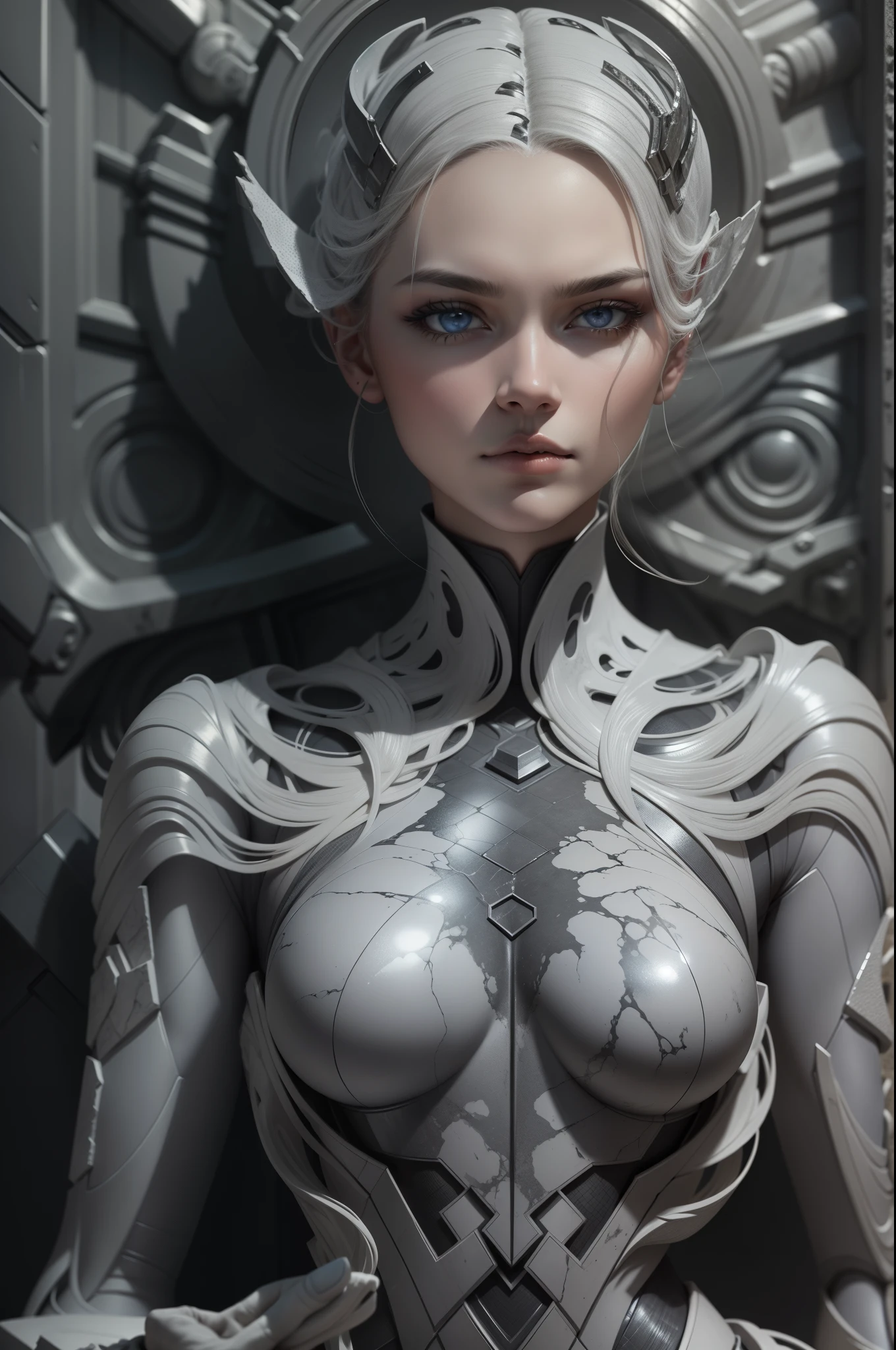 Masterpiece,Gray marble,sculptor, Escultura, Cracked marble:0.4,1 woman ,Marble statue of,action figure, Giger, full bodyesbian,Marble cut countertop,back Lighting, Realistic portrait, Symmetrical, Strong, intricate drawing, Highly detailed , Digital painting, Art Station, concept-art, Fluid, Sharp focus, Light gray skin, pale colored eyes.