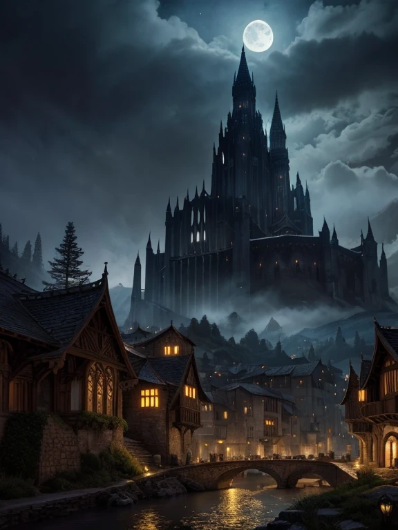 a fantasy city of Gondolin, hidden in the mountains, illuminated by moonlight, epic landscape, medieval architecture, stone walls and towers, atmospheric night scene, dramatic lighting, cinematic quality, fantasy art, detailed environment, high realism, 8k, detailed rendering, photorealistic, chiaroscuro lighting, dramatic shadows, glowing moon, hazy atmosphere, misty mountains, lush vegetation, intricate details, masterpiece