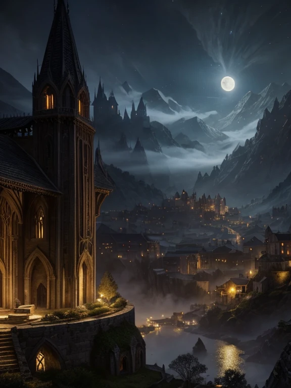 a fantasy city of Gondolin, hidden in the mountains, illuminated by moonlight, epic landscape, medieval architecture, stone walls and towers, atmospheric night scene, dramatic lighting, cinematic quality, fantasy art, detailed environment, high realism, 8k, detailed rendering, photorealistic, chiaroscuro lighting, dramatic shadows, glowing moon, hazy atmosphere, misty mountains, lush vegetation, intricate details, masterpiece