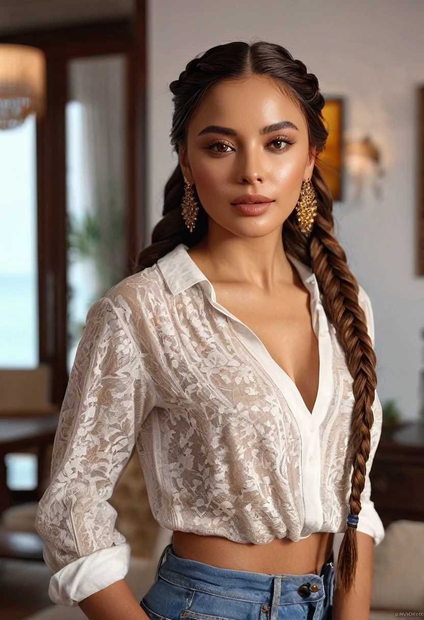 (best quality,4k,highres,masterpiece:1.2),ultra-detailed,(realistic:1.37),(beautiful:1.1) brown-eyed woman with long braid hair and a medium stature, wearing casual and sexy clothes, standing gracefully in a well-lit living room. The room is furnished with modern and elegant furniture, giving a luxurious atmosphere. The woman's beautiful face is detailed, with captivating eyes that shine with brown color. Her lips are full and luscious, adding to her sensual appeal. She exudes confidence and elegance as she poses, showcasing her entire body. The lighting in the room highlights her beautiful brown skin, giving it a warm and radiant glow. The overall scene has vivid colors and sharp focus, creating a realistic and photorealistic image. On the beach