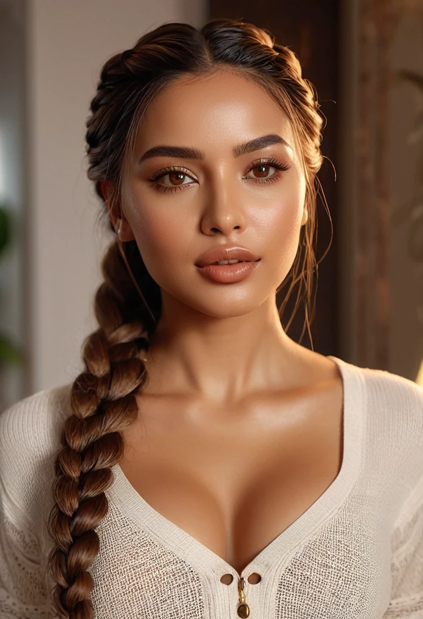 (best quality,4k,highres,masterpiece:1.2),ultra-detailed,(realistic:1.37),(beautiful:1.1) brown-eyed woman with long braid hair and a medium stature, wearing casual and sexy clothes, standing gracefully in a well-lit living room. The room is furnished with modern and elegant furniture, giving a luxurious atmosphere. The woman's beautiful face is detailed, with captivating eyes that shine with brown color. Her lips are full and luscious, adding to her sensual appeal. She exudes confidence and elegance as she poses, showcasing her entire body. The lighting in the room highlights her beautiful brown skin, giving it a warm and radiant glow. The overall scene has vivid colors and sharp focus, creating a realistic and photorealistic image. On the beach