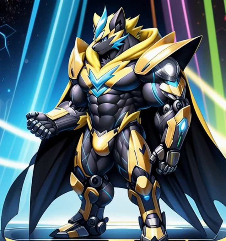 (masterpiece, best quality, detailed:1.2)
(Pokémon) 
Powered exoskeleton with the same design as Zeraora
big muscle,
pecs, triceps, traps, waist narrow,
unusually developed muscular body,
bulge in the crotch, wears a small black string thong that reveals huge, muscular thighs. (metallic color: jet black thong)
body full of huge muscles.
also have a cloak on my back.
The cloak is black.
Wearing full plate armor
Its full plate armor emphasizes the muscles.
The cloak is so long that it touches the ground,
showing off muscles,
mechs,
Correct limbs,
detailed full body,
Very muscular,
Large pecs,
Heavyweight,
Bodybuilder figure,
Wearing cyberpunk mecha,
big bump,
sparkling skin,
Vibrant colors, 4K,
realism,
galactic cybernetics mask,
full body, 
wearing a dark bodysuit underneath, 
a knight's mechanical armor,
glowing wide and heavy armor,
he wears a bizarre fantasy surreal-style chest armor with scales,
absolutely stunning art,
4K, realism, Don't stray too far from Zeraora's design, Furry Heroes, Main is yellow COLOR,
He wears the same armor as himself from head to foot. PENIS