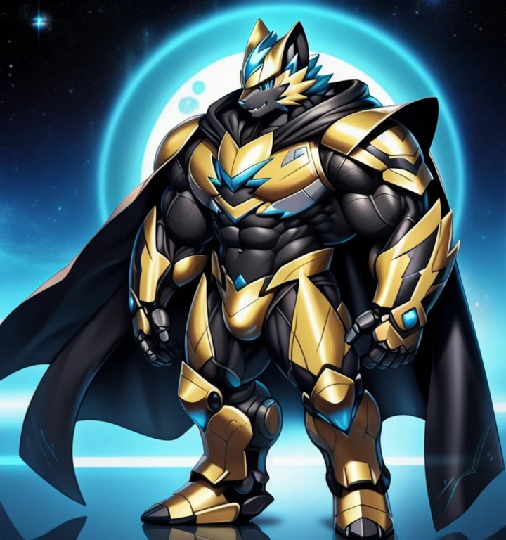 (masterpiece, best quality, detailed:1.2)
(Pokémon) 
Powered exoskeleton with the same design as Zeraora
big muscle,
pecs, triceps, traps, waist narrow,
unusually developed muscular body,
bulge in the crotch, wears a small black string thong that reveals huge, muscular thighs. (metallic color: jet black thong)
body full of huge muscles.
also have a cloak on my back.
The cloak is black.
Wearing full plate armor
Its full plate armor emphasizes the muscles.
The cloak is so long that it touches the ground,
showing off muscles,
mechs,
Correct limbs,
detailed full body,
Very muscular,
Large pecs,
Heavyweight,
Bodybuilder figure,
Wearing cyberpunk mecha,
big bump,
sparkling skin,
Vibrant colors, 4K,
realism,
galactic cybernetics mask,
full body, 
wearing a dark bodysuit underneath, 
a knight's mechanical armor,
glowing wide and heavy armor,
he wears a bizarre fantasy surreal-style chest armor with scales,
absolutely stunning art,
4K, realism, Don't stray too far from Zeraora's design, Furry Heroes, Main is yellow COLOR,
He wears the same armor as himself from head to foot. PENIS