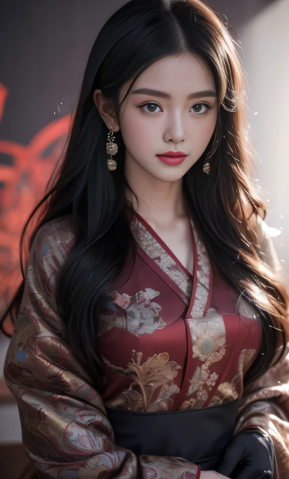 1 girl, Miss, Handsome, ink, Chinese armor, ((2.5D)), Black Hair, Flowing hair, Delicateeyes, Black and red antique brocade Hanfu, Field of view, (F1.8), (masterpiece), (Portrait shoot), front Photo, White background, (poster)