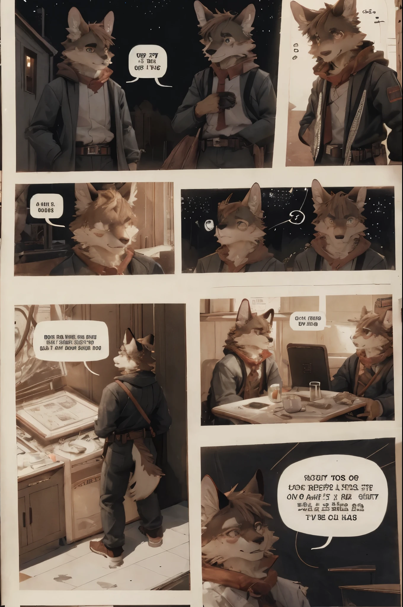 top quality, best quality, highres, masterpiece, super high resolution, detailed background, Casual reutaurant interior, part-time job, waiter, 6+boys, 6+girls, absurdres(highly detailed beautiful face and eyes)perfect anatomy, good lighting, cinematic shadow(kemono, furry anthro)assorted expressions, assorted poses, assorted angles, full body, upper shot, dynamic angle(girls comic-like panel layouts, speech balloon, English text, Hand-drawn sound effects stickers used in girls comic),