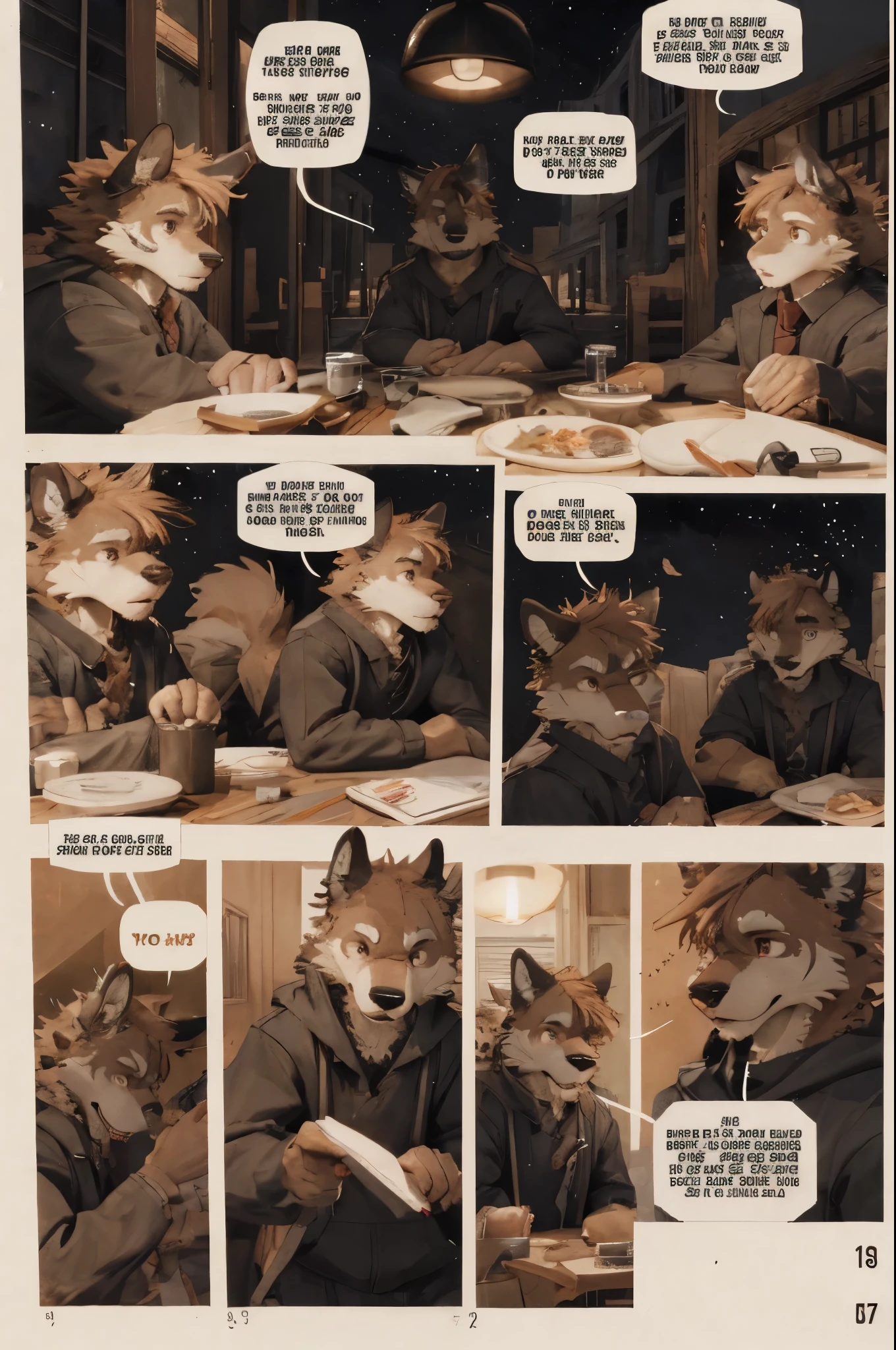 top quality, best quality, highres, masterpiece, super high resolution, detailed background, Casual reutaurant interior, part-time job, waiter, 6+boys, 6+girls, absurdres(highly detailed beautiful face and eyes)perfect anatomy, good lighting, cinematic shadow(kemono, furry anthro)assorted expressions, assorted poses, assorted angles, full body, upper shot, dynamic angle(girls comic-like panel layouts, speech balloon, English text, Hand-drawn sound effects stickers used in girls comic),