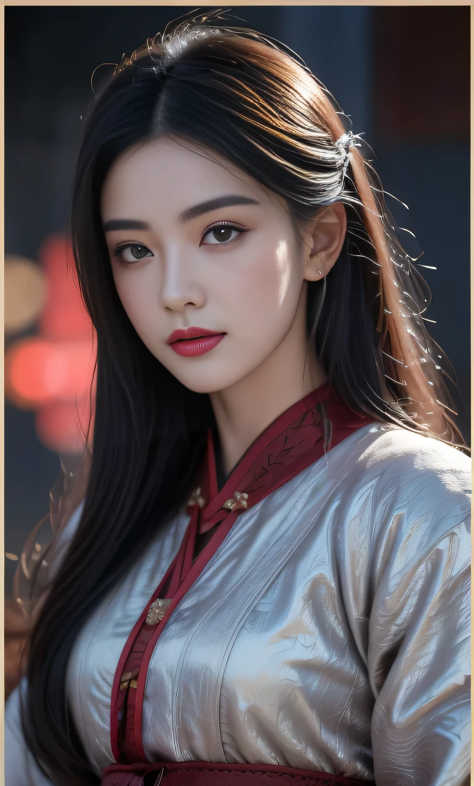 1 girl, Miss, Handsome, ink, Chinese armor, ((2.5D)), Black Hair, Flowing hair, Delicateeyes, Black and red antique brocade Hanfu, Field of view, (F1.8), (masterpiece), (Portrait shoot), front Photo, White background, (poster)