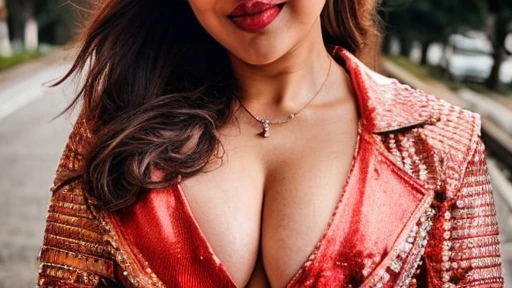 extreme close up full body photo of naked pranitha, curvy, hourglass figure, swooping breasts, deep cleavage, seductive eyes, look at viewer, seducing on road, necklace, denim jacket, no bra, visible nipples,red lips, remove bra, sultry, ponytail, (cinematic:1.3), intricate details, (ArtStation:1.2)