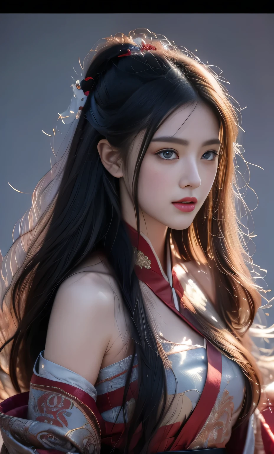 1 girl, Miss, Handsome, ink, Chinese armor, ((2.5D)), Black Hair, Flowing hair, Delicateeyes, Black and red antique brocade Hanfu, Field of view, (F1.8), (masterpiece), (Portrait shoot), front Photo, White background, (poster)