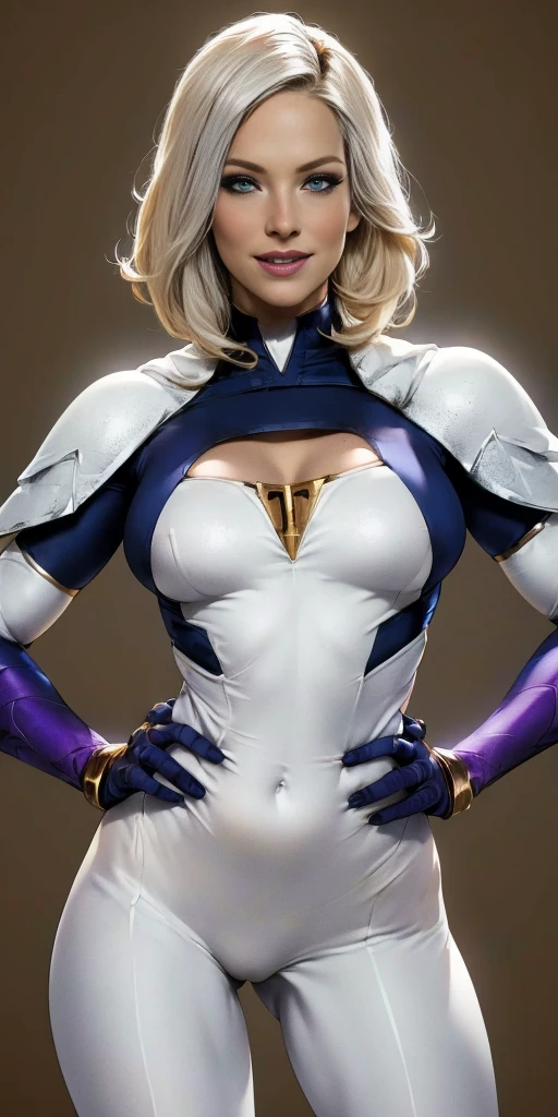 (Female Alexis Texas chest covered wearing Emma Frost outfit) (smile) blonde hair and blue eyes, clothing white and silver with cloaks of deep blue or purple, cleavage knockers ((very precise detailed)) ((high res) Golden bracers (plain background) (perfect body and face) hands on hips