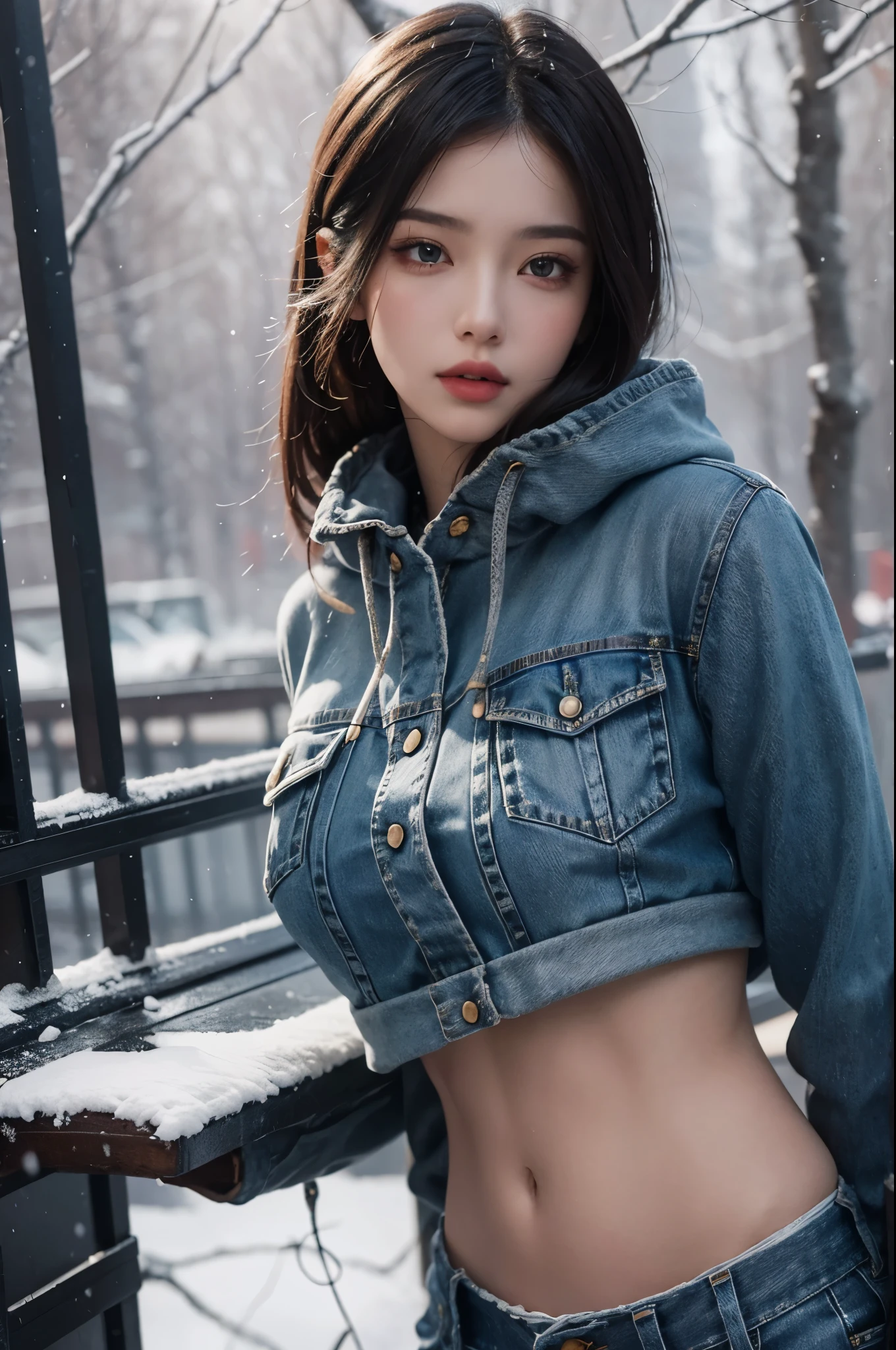 a girl in a winter scene, cropped puffer jacket, low-rise jeans, metal belt, cowboy shot, midriff fully exposed, detailed facial features, beautiful eyes, lips, and long eyelashes, photorealistic, 8k, highly detailed, studio lighting, dramatic lighting, vivid colors, cinematic composition, moody atmosphere, cold winter vibes