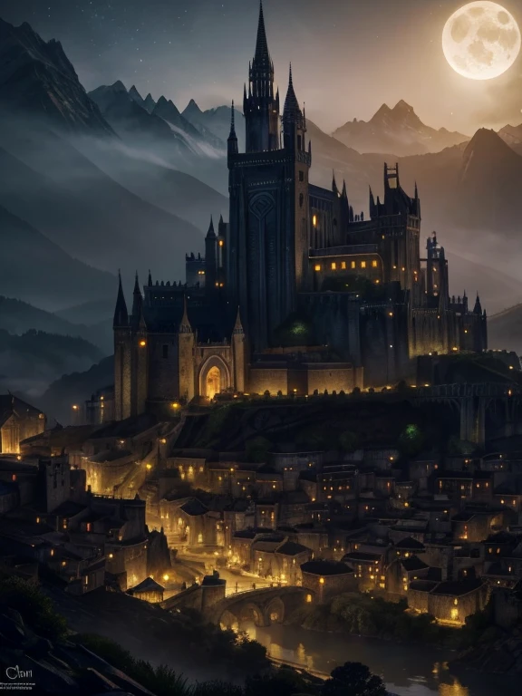 a fantasy city of Gondolin, hidden in the mountains, illuminated by moonlight, epic landscape, medieval architecture, stone walls and towers, atmospheric night scene, dramatic lighting, cinematic quality, fantasy art, detailed environment, high realism, 8k, detailed rendering, photorealistic, chiaroscuro lighting, dramatic shadows, glowing moon, hazy atmosphere, misty mountains, lush vegetation, intricate details, masterpiece