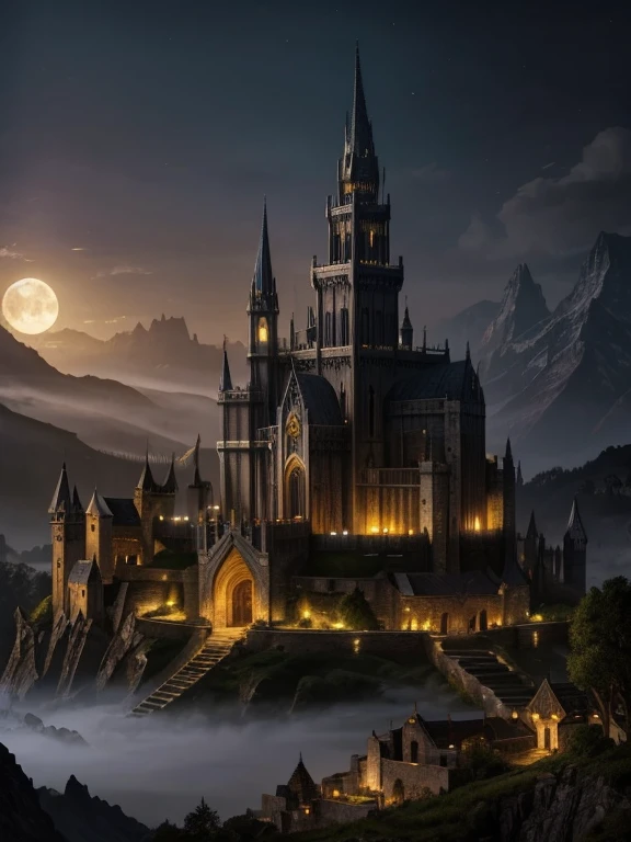 At night, white city of Gondolin with its fortifications, hidden by mountains, an image of epic fantasy, illuminated by the light of the moon.