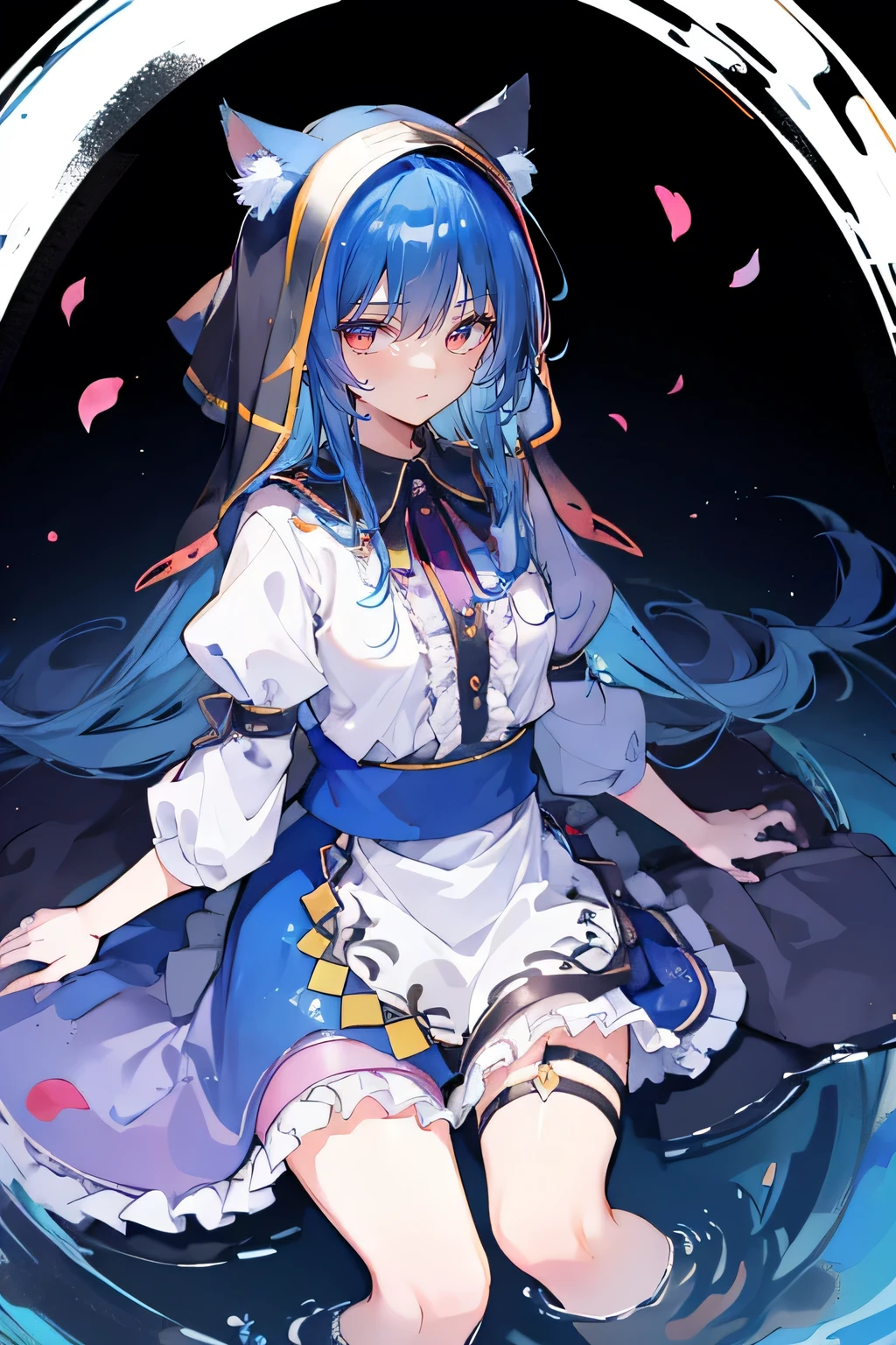 (masterpiece:1.2),Extremely detailed,Practical,expressive eyes,Fair skin,Perfect face shaping,1 Girl,
Japanese cartoons,Gorgeous blue hair, the long flowing blue hair,Floating clothes,Cat ears,Petals fall,beautiful lola,Young Angel,
Place your hands on your waist,sit elegantly on the ground,Cross your legs,Gentle and peaceful background,stately church,nun,lie on the water,Blackening,A look of disdain.