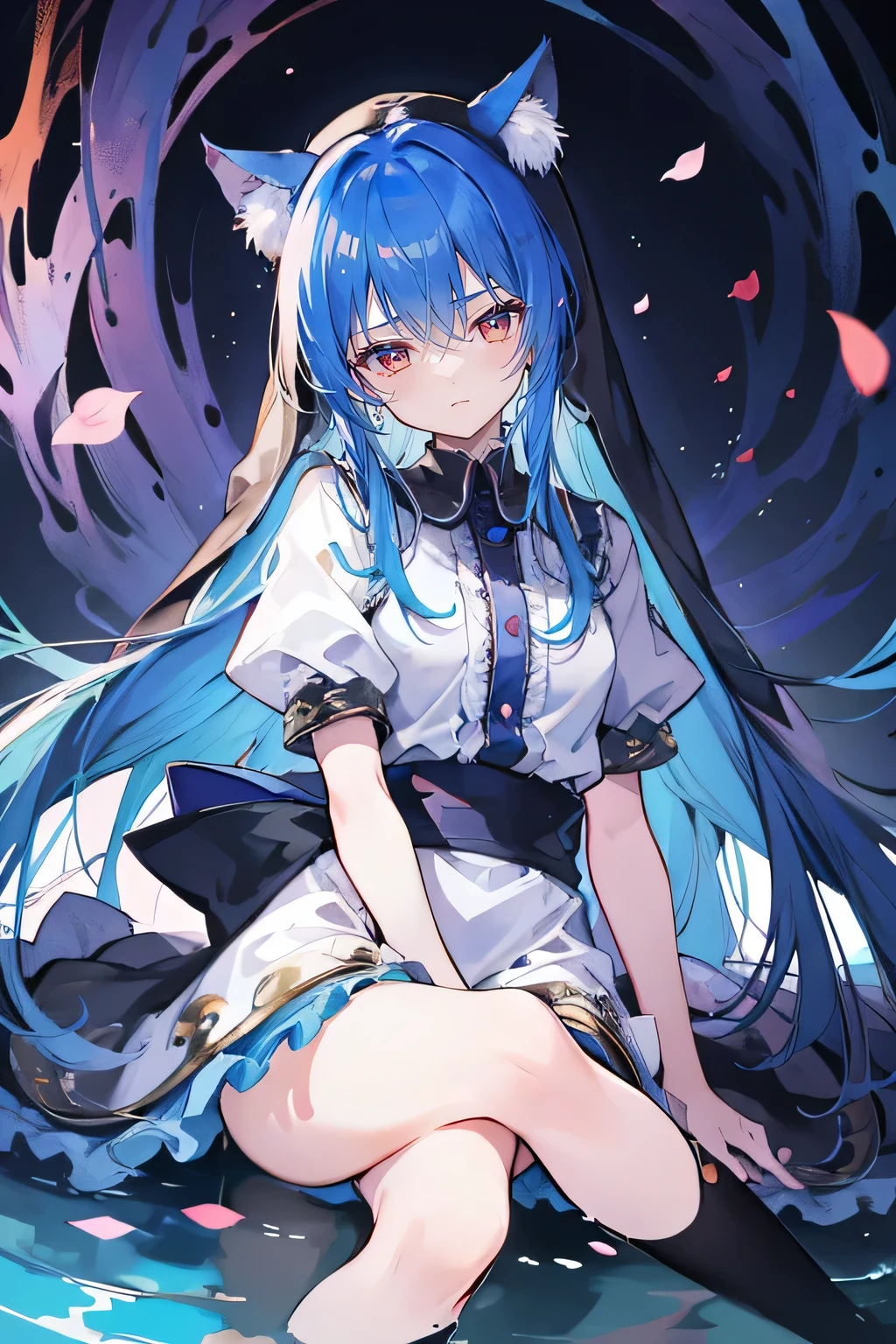 (masterpiece:1.2),Extremely detailed,Practical,expressive eyes,Fair skin,Perfect face shaping,1 Girl,
Japanese cartoons,Gorgeous blue hair, the long flowing blue hair,Floating clothes,Cat ears,Petals fall,beautiful lola,Young Angel,
Place your hands on your waist,sit elegantly on the ground,Cross your legs,Gentle and peaceful background,stately church,nun,lie on the water,Blackening,A look of disdain.