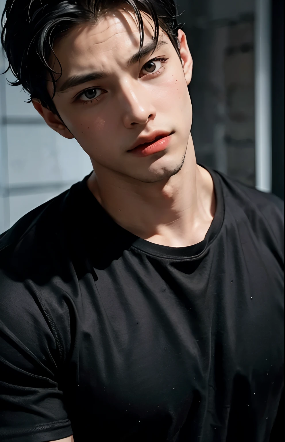 Young Bruce Wayne man black hair, big muscular body, black t-shirt, in dark room upper body close up shot