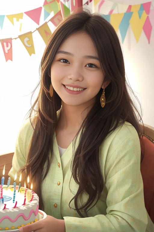 (This photo captures the captivating moment of a long-haired Indonesian girl joyfully celebrating her birthday. Her beaming face with a wide smile and the colorful birthday decorations add cheerfulness. The candles on the cake glow beautifully, creating a warm and happy atmosphere. birthday cake, official art aesthetics),(best quality, 4k, highres, masterpiece:1.2), ultra-detailed, (realistic, photorealistic:1.37), portraits, vibrant colors, soft lighting