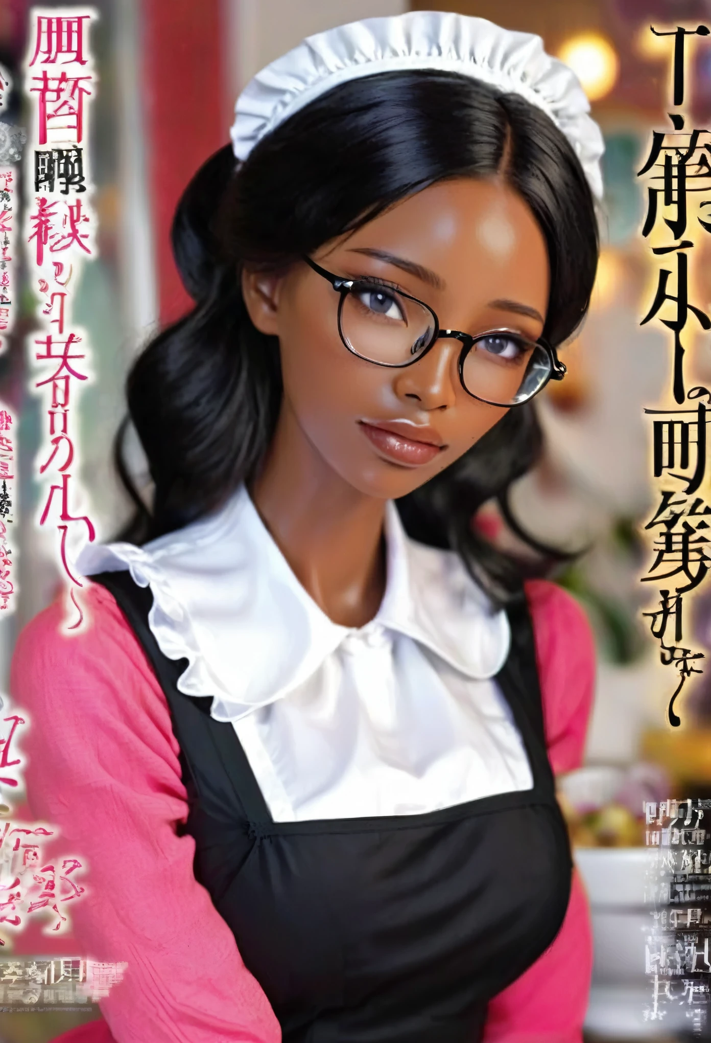 Magazine cover(masterpiece, best quality:1.2),wavy hair maid，Solitary,Wear glasses，Exquisite eyes,Delicate black hair，Charming eye shadow( Black person:1.2)( dark skin:1.2)，african man,( Smooth skin:1.2)( Wear a maid uniform:1.2)， Slender body proportions，Wet sexy plump lips，Long legs，Perfect fingers，