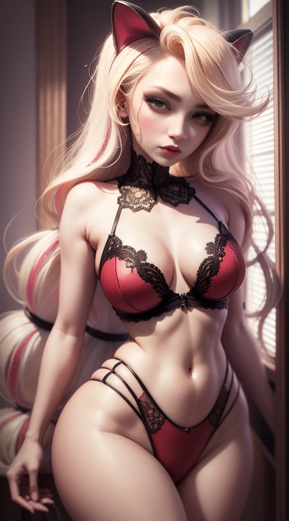 1girl,25 years old,charlie morningstar,full body,extremely detailed face and eyes,beautiful detailed lips,long eyelashes,elegant dress,dramatic lighting,cinematic composition,she is wearing red lingerie,sexy lingerie,looking the camera,flirting with camera, embarassed look,in her hazbinhotel, with anime look