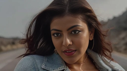 close up full body photo of naked pranitha, curvy, hourglass figure, swooping breasts, deep cleavage, seductive eyes, look at viewer, seducing on road, necklace, denim jacket, no bra, visible nipples,red lips, remove bra, sultry, ponytail, (cinematic:1.3), intricate details, (ArtStation:1.2)