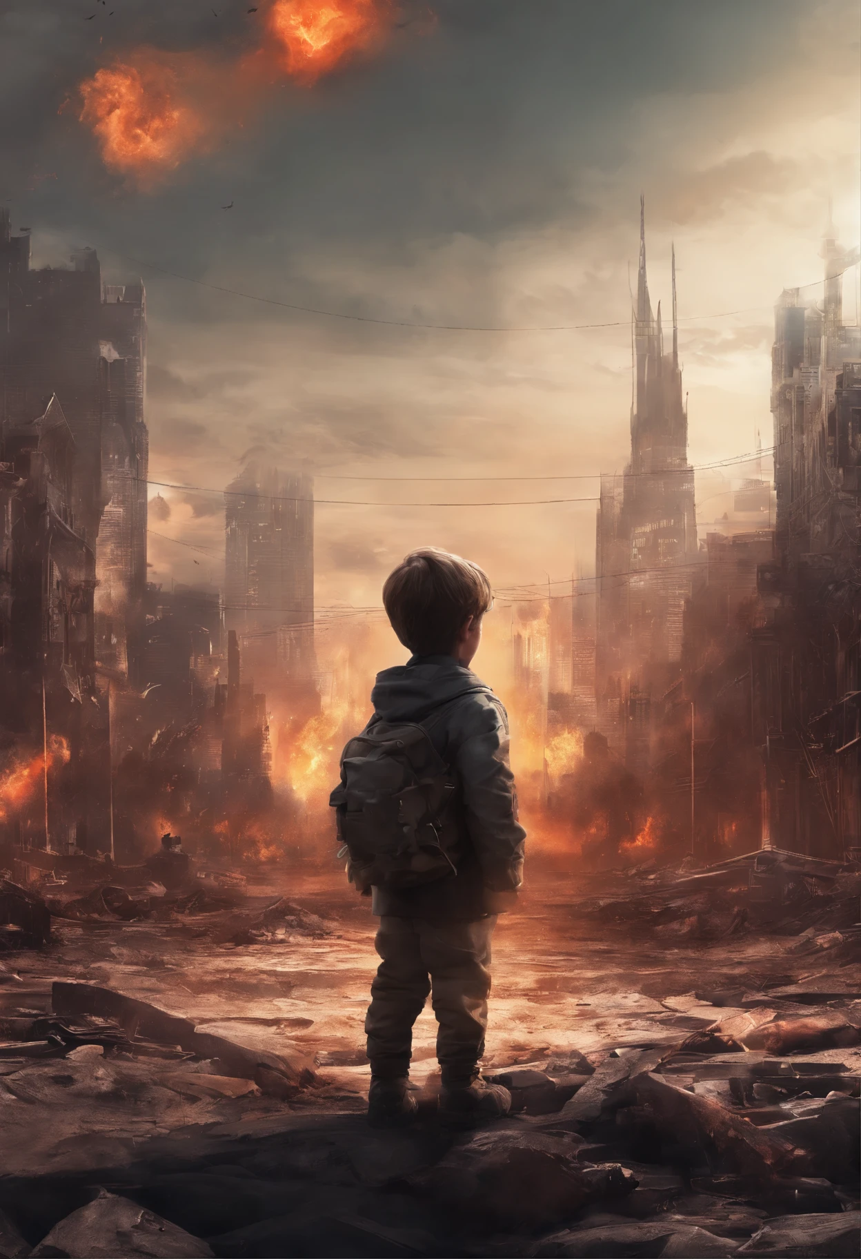 arafed image of a standing in front of a city with a fire in the background, digital art by Ludwik Konarzewski, tumblr, digital art, the world on fire, end of world, the world is on fire, end of the world, in the apocalyptic future, world on fire, destroyed city on fire, destroyed city in the background