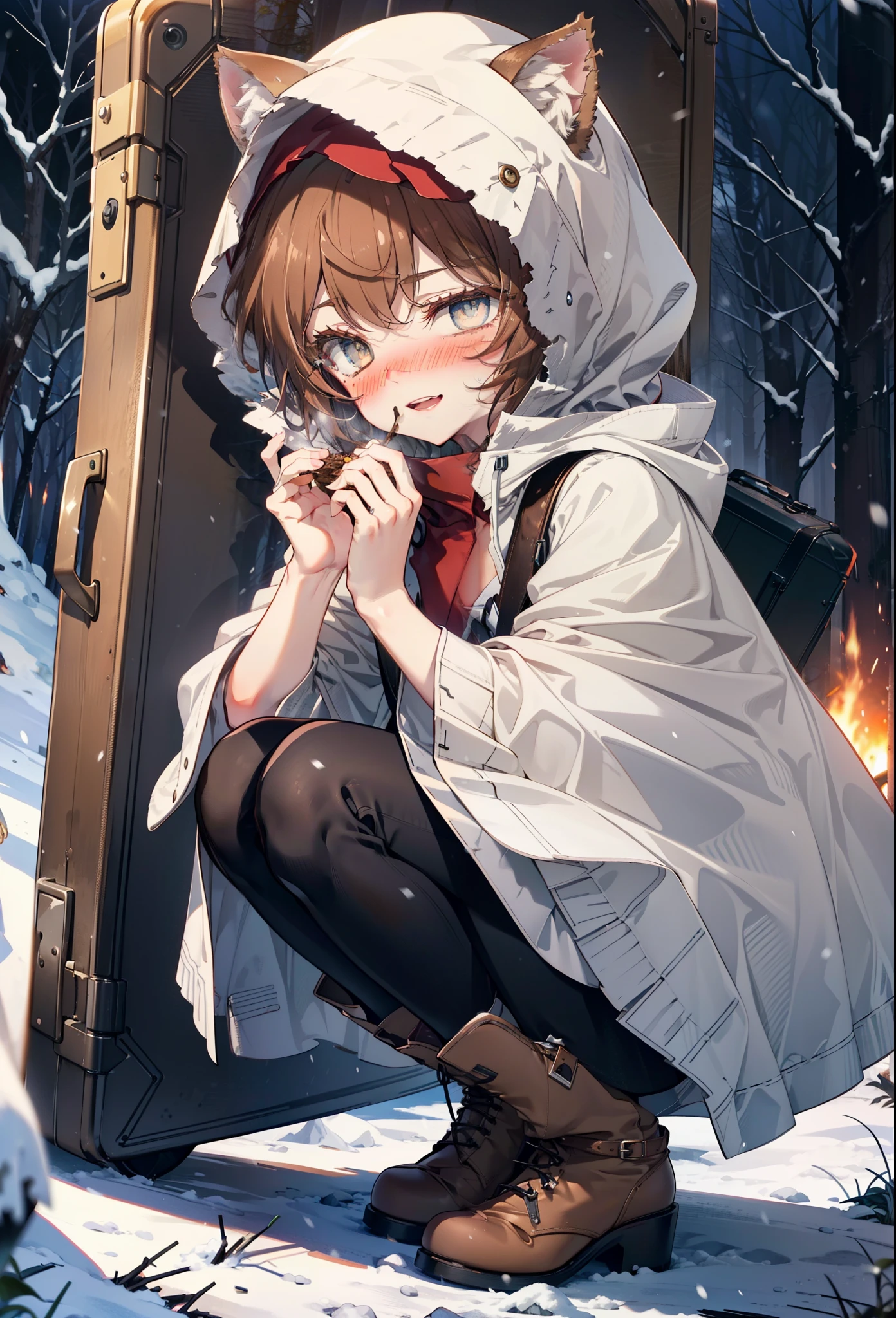 Liliru Card, Liliruca gets burned, Animal ears, (Brown eyes:1.7), Brown Hair, (Flat Chest:1.2), short hair,smile,blush,White Breath,
Open your mouth,snow,Ground bonfire, Outdoor, boots, snowing, From the side, wood, suitcase, Cape, Blurred, having meal, forest, White handbag, nature,  Squat, Mouth closed, Cape, winter, Written boundary depth, Black shoes, red Cape break looking at viewer, Upper Body, whole body, break Outdoor, forest, nature, break (masterpiece:1.2), highest quality, High resolution, unity 8k wallpaper, (shape:0.8), (Beautiful and beautiful eyes:1.6), Highly detailed face, Perfect lighting, Extremely detailed CG, (Perfect hands, Perfect Anatomy),