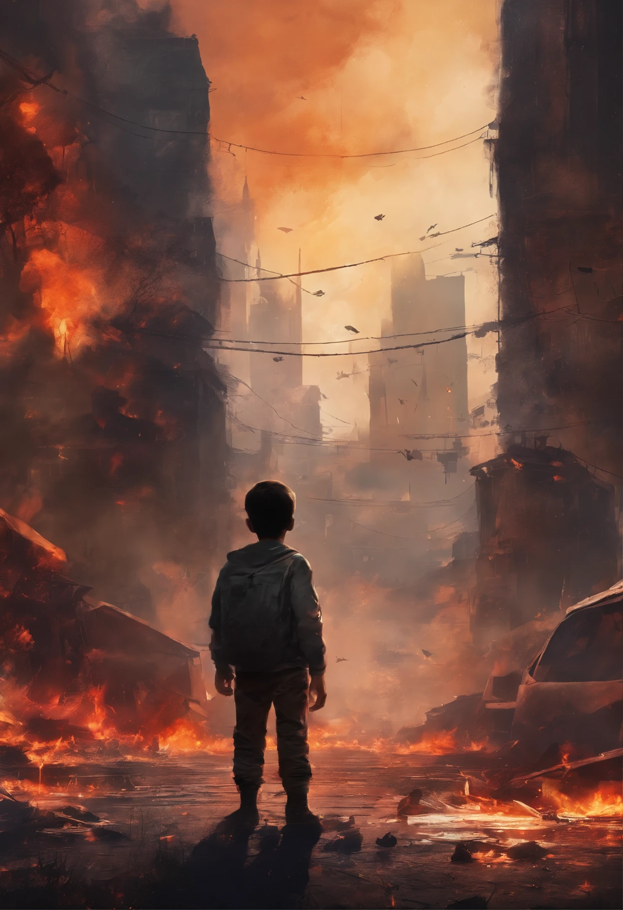 arafed image of a little boy standing in front of a city with a fire in the background, digital art by Ludwik Konarzewski, tumblr, digital art, the world on fire, end of world, the world is on fire, end of the world, in the apocalyptic future, world on fire, destroyed city on fire, destroyed city in the background