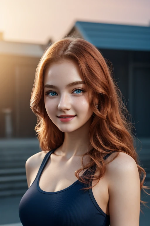 16 years old girl, beautiful big striking blue eyes, delicate black eyebrows, rosy cheeks, red lips, smiling face very white skin, long wavy orange hair cascading around her face and shoulders, detailed eyelashes, photorealistic cyberpunk style, perfectly focused, creamy smooth complexion, beautifully lit by soft diffused studio lights, extremely fine details, finely textured skin and hair full head to toe photo, wearing sport leggings