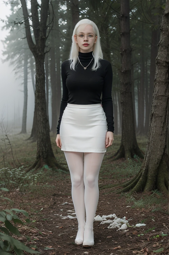 ((full body:1.4)), Cute 58 yo (albino:1.4) woman of Slavic descent. (short:1.1), long white hair, gray eyes, ((very pale:1.4)). Innocent look. Innocent face. Gentle spirit. (virgin), Eyeglasses, turtleneck, necklace, gray pencil skirt, (black pantyhose). (joy)), (love), Mystical forest. realistic hands. Mystic fog. Mystic smoke.