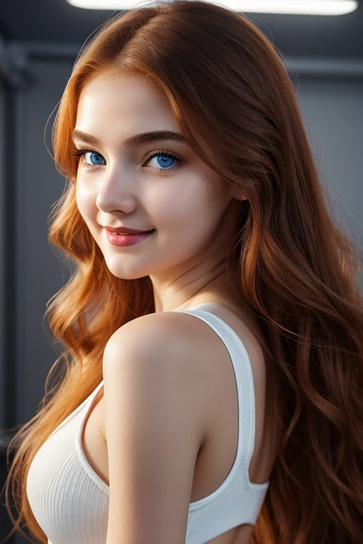 girl, beautiful big striking blue eyes, delicate black eyebrows, rosy cheeks, red lips, smiling face very white skin, long wavy orange hair cascading around her face and shoulders, detailed eyelashes, photorealistic cyberpunk style, perfectly focused, creamy smooth complexion, beautifully lit by soft diffused studio lights, extremely fine details, finely textured skin and hair full head to toe photo, wearing sport leggings