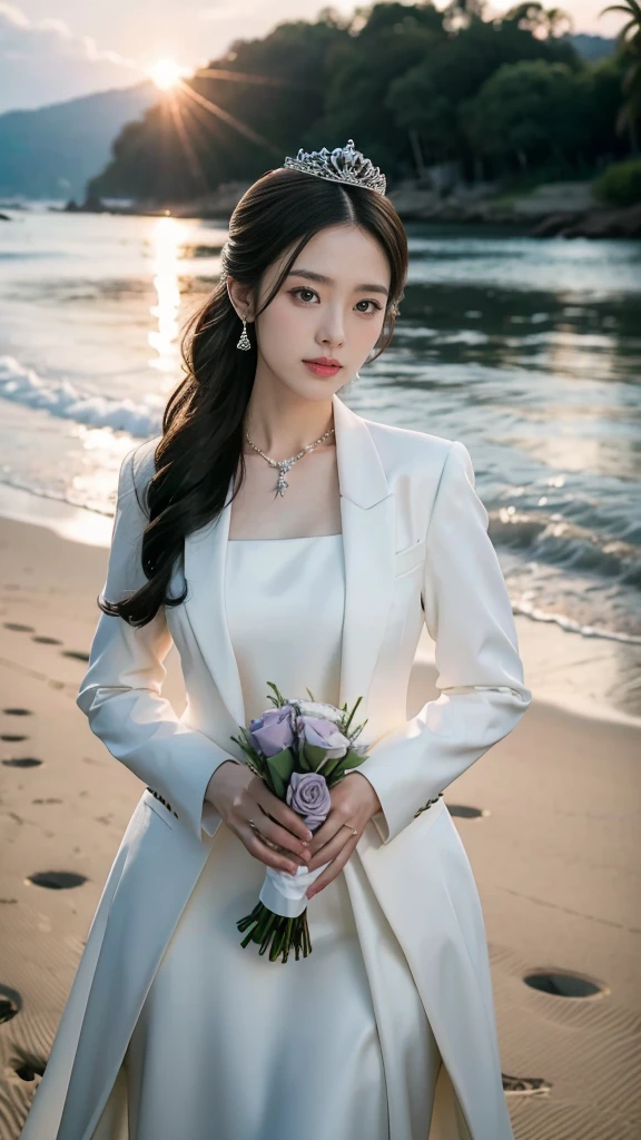 couple, portrait, formal attire, woman in black dress, man in white suit, beach background, studio lighting, elegance, sophistication, tiara, necklace, bouquet, roses, pose, Asian ethnicity, side-by-side, looking at camera, serene expression, makeup, clear skin, young adults, fashion, beauty, styled hair, romance, partnership, unity, engagement photo., masterpiece, best quality, ultra-detailed, 4k
