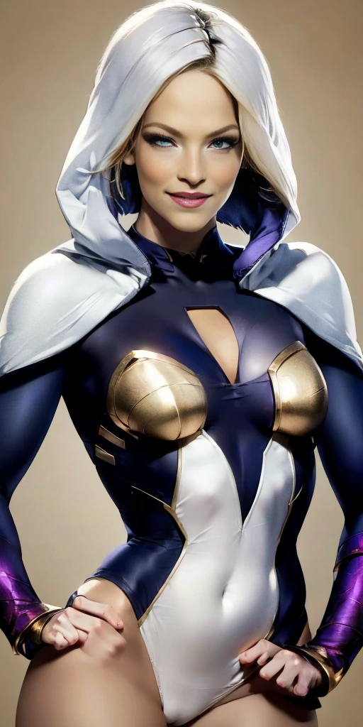 (Female Alexis Texas chest covered wearing Emma Frost outfit) (smile) blonde hair and blue eyes, clothing white and silver with cloaks of deep blue or purple, cleavage knockers ((very precise detailed)) ((high res) Golden bracers (plain background) (perfect body and face) hands on hips