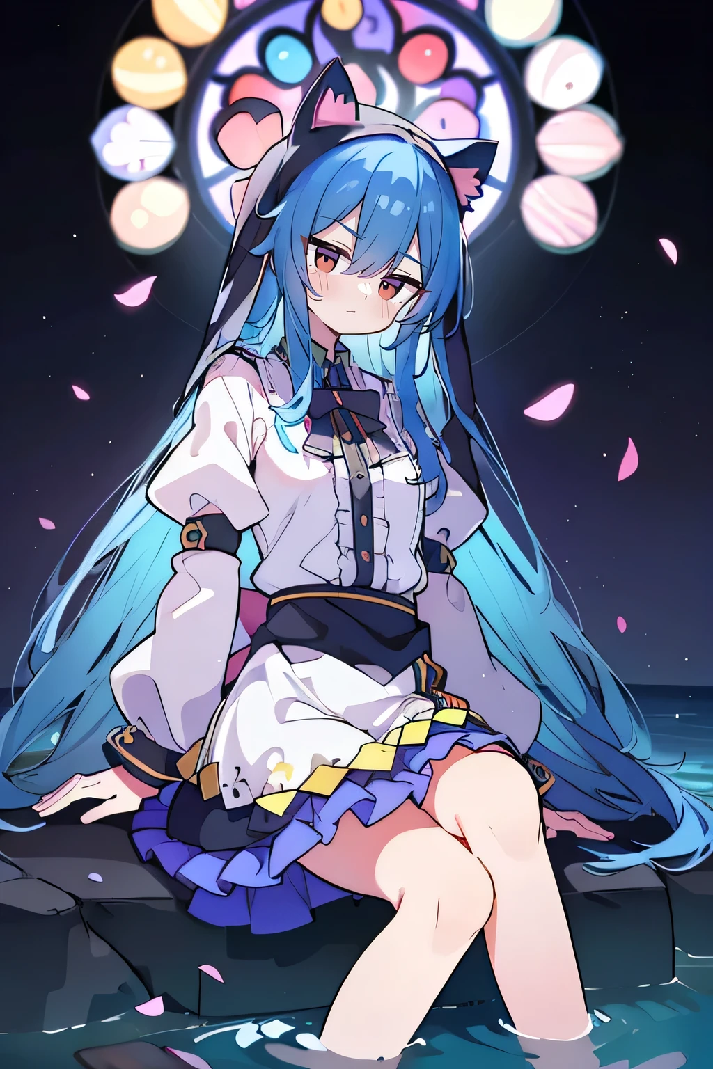 (masterpiece:1.2),Extremely detailed,Practical,expressive eyes,Fair skin,Perfect face shaping,1 Girl,
Japanese cartoons,Gorgeous blue hair, the long flowing blue hair,Floating clothes,Cat ears,Petals fall,beautiful lola,Young Angel,
Place your hands on your waist,sit elegantly on the ground,Cross your legs,Gentle and peaceful background,stately church,nun,lie on the water,Blackening,A look of disdain.