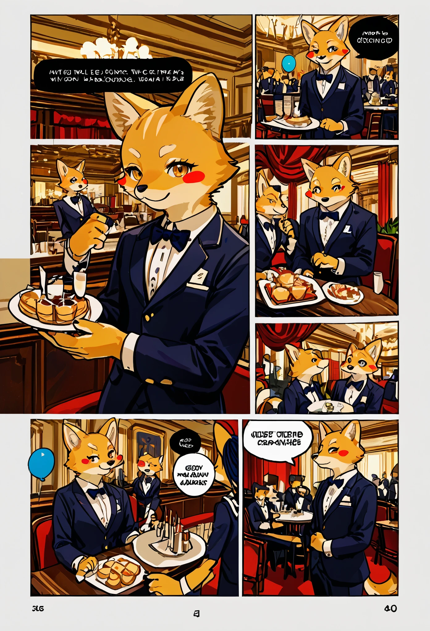 top quality, best quality, highres, masterpiece, super high resolution, detailed background, Casual reutaurant interior, part-time job, waiter, Butler, absurdres(highly detailed beautiful face and eyes)perfect anatomy, good lighting, cinematic shadow(kemono, furry anthro)assorted expressions, assorted poses, assorted angles, full body, upper shot, dynamic angle(girls comic-like panel layouts, speech balloon, English text, Hand-drawn sound effects stickers used in girls comic),