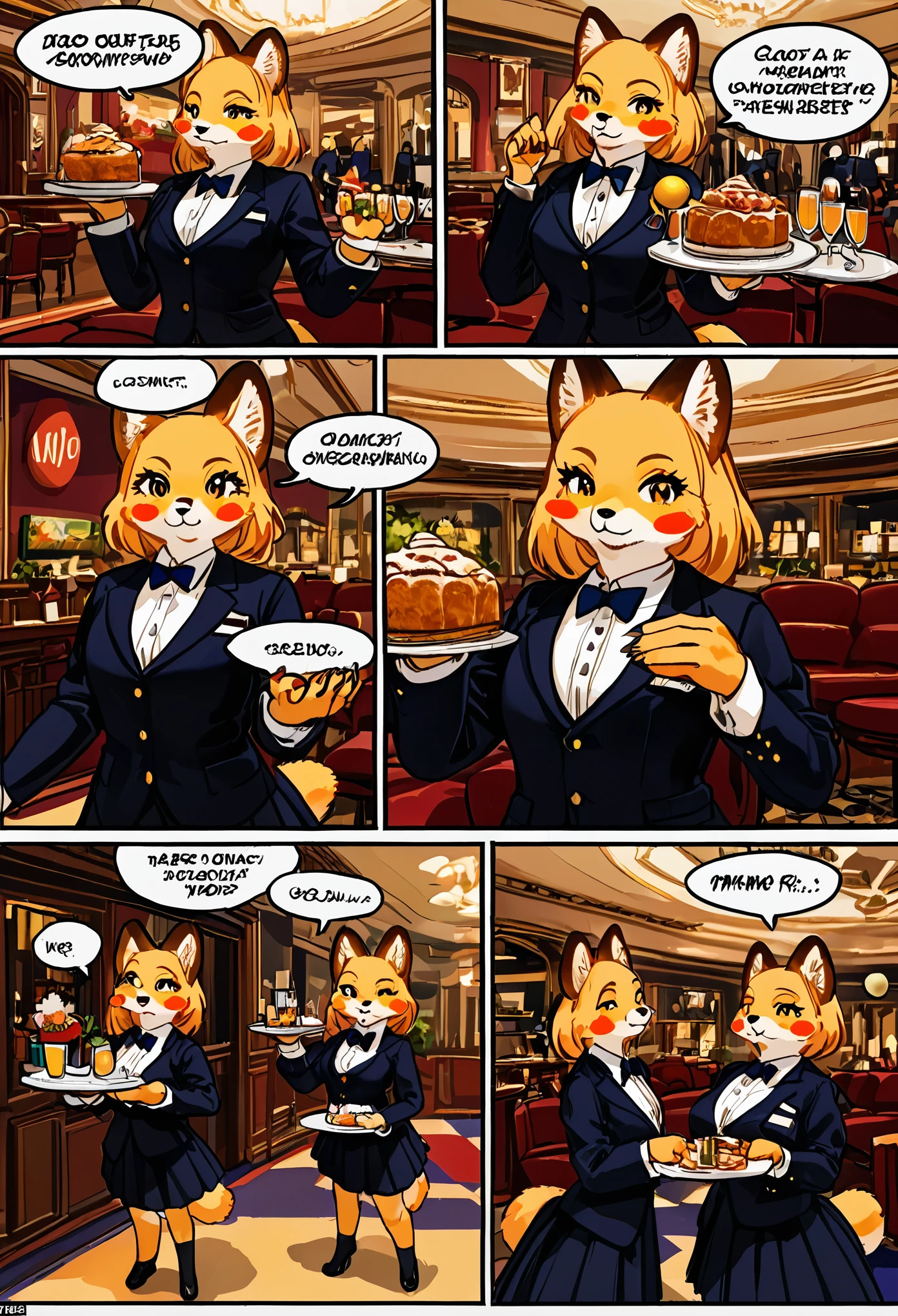 top quality, best quality, highres, masterpiece, super high resolution, detailed background, Casual reutaurant interior, part-time job, waiter, Butler, absurdres(highly detailed beautiful face and eyes)perfect anatomy, good lighting, cinematic shadow(kemono, furry anthro)assorted expressions, assorted poses, assorted angles, full body, upper shot, dynamic angle(girls comic-like panel layouts, speech balloon, English text, Hand-drawn sound effects stickers used in girls comic),