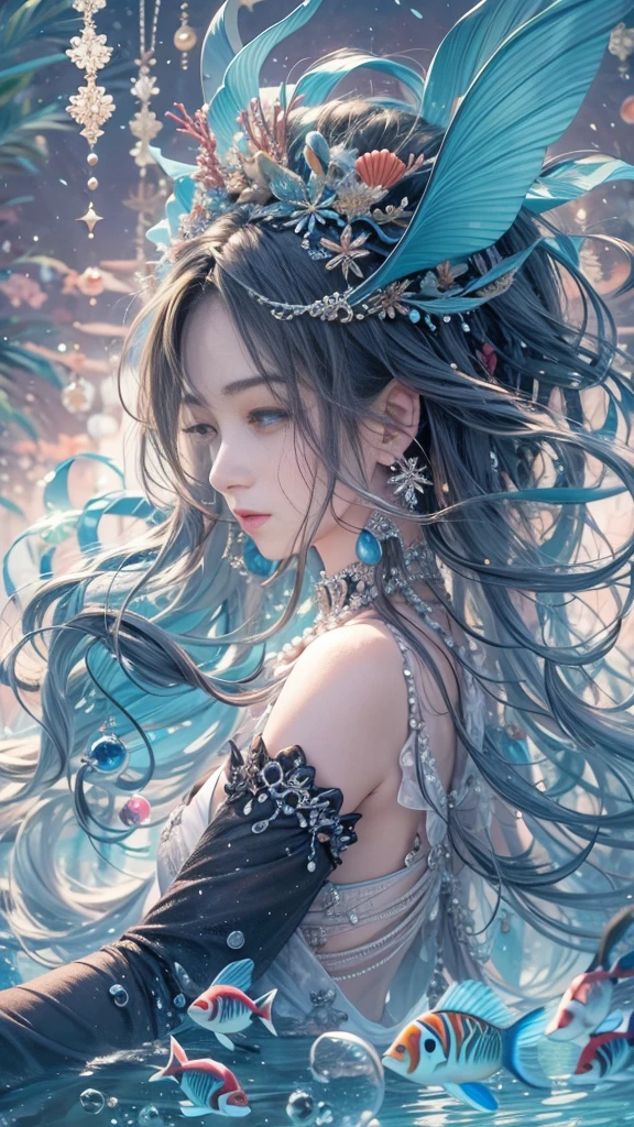 (RAW shooting, 32k:1.5, highest quality, masterpiece, Ultra-high resolution), (Deep sea at night:1.0, Dramatic moonlight:0.7, Mysterious underwater world:1.3, Expressions of sadness:1.0), Side Shot, Fractal Art:1.3, Perfect dynamic composition:1.3, Very detailedな肌と顔の質感:1.2, Dynamic flow of water waves:1.3, Beautiful shell and coral decoration, Surrounded by lots of colorful fish, Rich underwater vegetation, (The subject is being viewed from a distance:1.3, Slim mermaid figure:1.0, Shimmering Scales, Mermaid tail:0.5), elegant and sophisticated, Fair skin, Incredibly slim body:0.8, Very beautiful face, Water droplets on the skin, Very accurate, Very detailed, Gorgeous blue shiny mermaid dress portrait:0.8, Big eyes that exude beauty, Beautiful big lips,, Unreal atmosphere, necklace, Earrings, bracelet