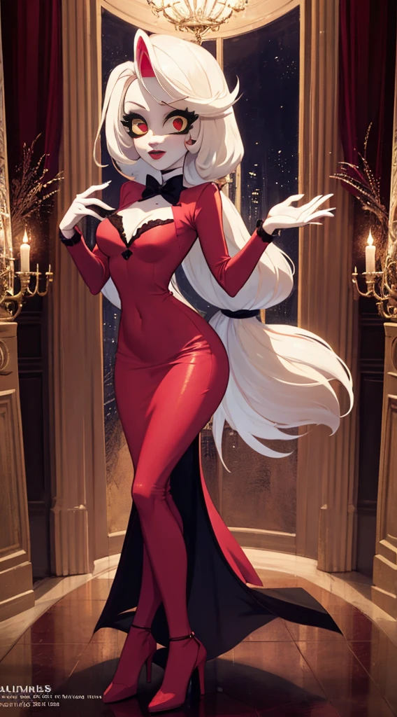 1girl,25 years old,charlie morningstar,full body,extremely detailed face and eyes,beautiful detailed lips,long eyelashes,elegant dress,dramatic lighting,cinematic composition,she is wearing red lingerie,sexy lingerie,looking the camera,flirting with camera, embarassed look,in her hazbinhotel, with anime look