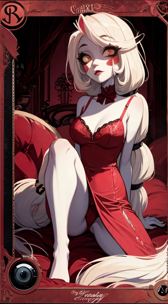 1girl,25 years old,charlie morningstar,full body,extremely detailed face and eyes,beautiful detailed lips,long eyelashes,elegant dress,dramatic lighting,cinematic composition,she is wearing red lingerie,sexy lingerie,looking the camera,flirting with camera, embarassed look,in her hazbinhotel, with anime look