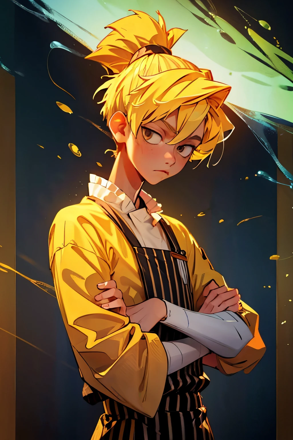 1kpop boy, slim body,fade cuted side yellow hair(hunter style), wears chef clothes yellow stripe upper, more sexier