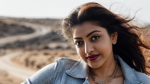 close up full size photo of naked pranitha, curvy, hourglass figure, swooping breasts, deep cleavage, seductive eyes, look at viewer, seducing on road, necklace, denim jacket, no bra, visible nipples,red lips, remove bra, sultry, ponytail, (cinematic:1.3), intricate details, (ArtStation:1.2)
