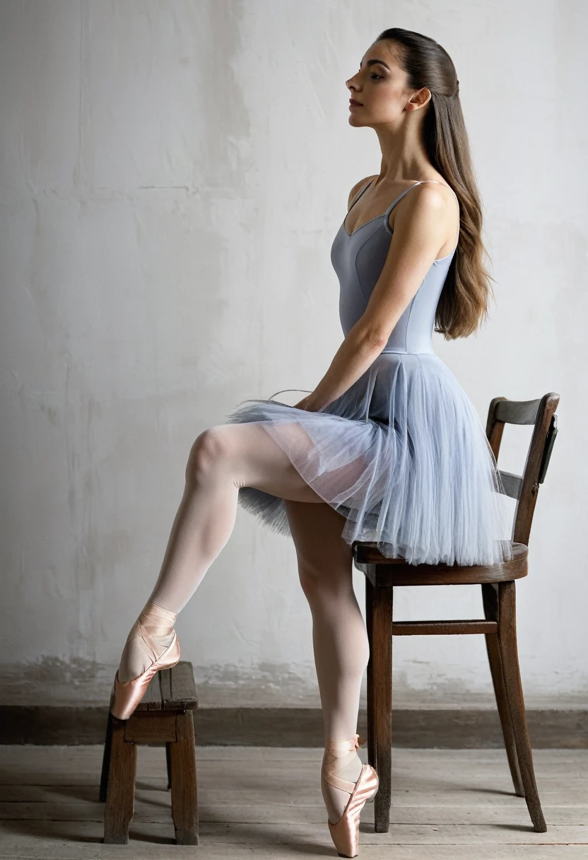 an elegant Spanish woman with perfect posture, she sits on a wooden chair in an empty room, upright, perfect posture, her feet in ballet pointed shoes, hands to her sides, long brushed hair, seen from the side, her sitting position is perfect