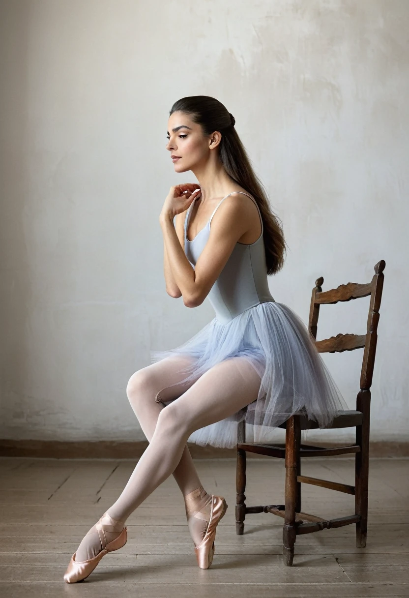 an elegant Spanish woman with perfect posture, she sits on a wooden chair in an empty room, upright, perfect posture, her feet in ballet pointed shoes, hands to her sides, long brushed hair, seen from the side, her sitting position is perfect