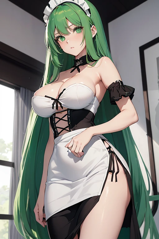 /(Girl),(anime),(long green hair and green eyes),(18 years old),(full body with GL size breasts),(and big ass),(white),(wearing),+,(A maid outfit in black and white colors with a tight, sensual and short pencil skirt and a strapless dress showing off her shoulders in a very sensual way)