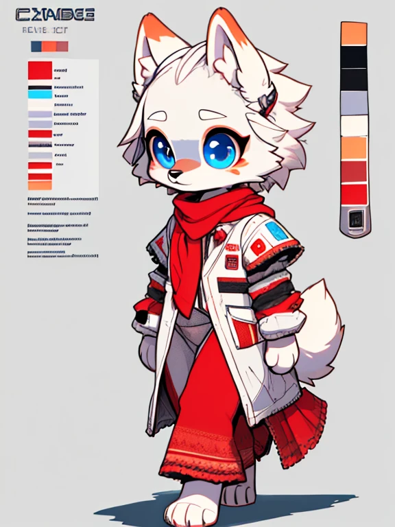 white baby wolf pup, baby girl wolf, ( Absurdly , High quality , ultra detailed ) ,( hand detailed ) , 1girl, solo, , (concept art, character sheet, character sketch),absurdres(highly detailed beautiful face and eyes)perfect anatomy, adorable, cute eyes, big eyes, short messy hair, long red scarf, baby puppy, walking on all paws