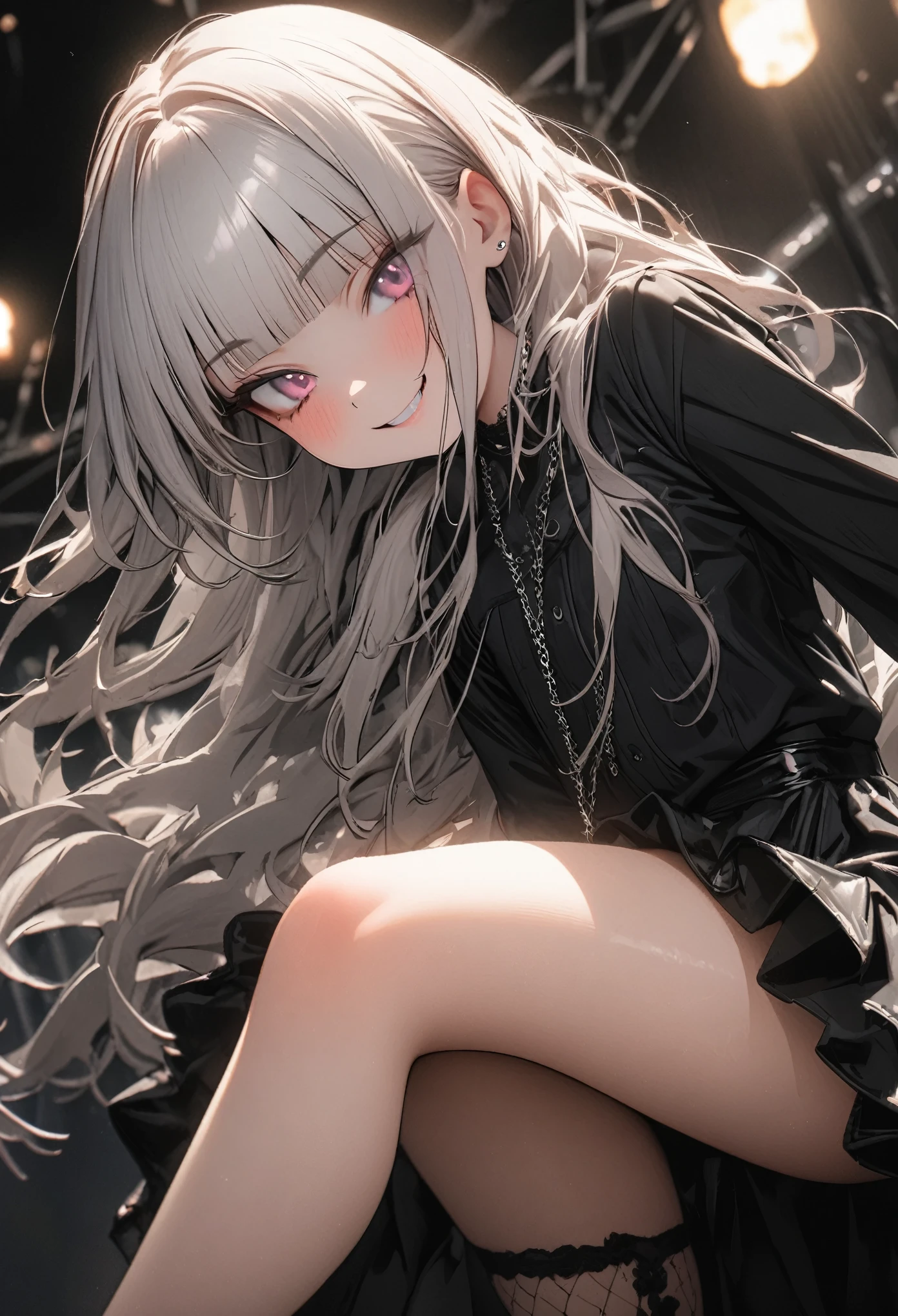 ((Masterpiece)), ((best quality)), (super detail:1.2), (High Definition:1.3), (Professional Photography:1.4), ((12 years old)), (1girl), cute young girl, (beautiful shaggy hair), shaggy bangs, (naughty smile), (pinch the skirt with hand)), silver hair, pink eyes, (long hair), liner double, black outfit, black rose, black skirt, (one-leg stand), cute,Thin chain accessories, ❤️🖤💗💔, 8K, (jirai fashion), extensions, eyeliner, emo,(sharp focus), (perfect light),