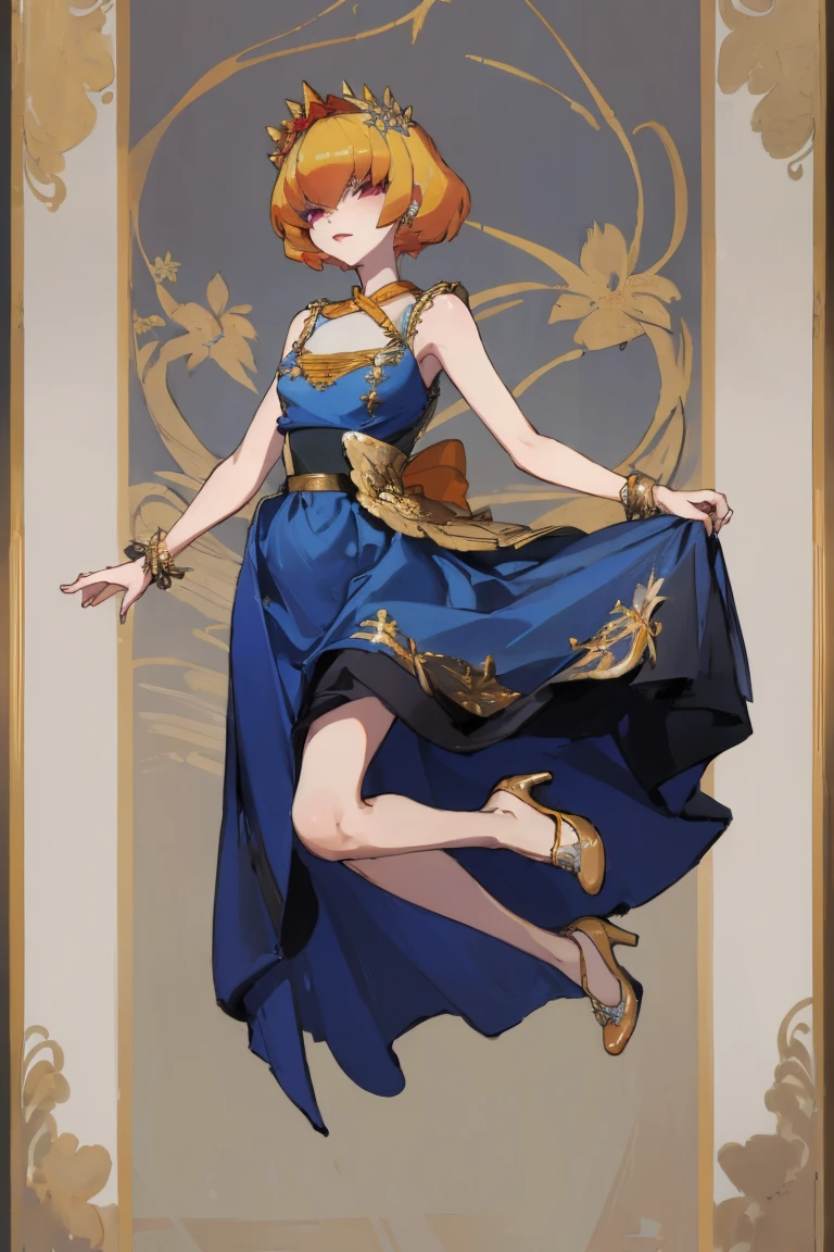 ((highest quality)), ((masterpiece)), (be familiar with),Clementine,Overload,nsfw,Sleeveless dress,Gorgeous blue dress,Gold embroidery,High heels,Fascinating,Long skirt